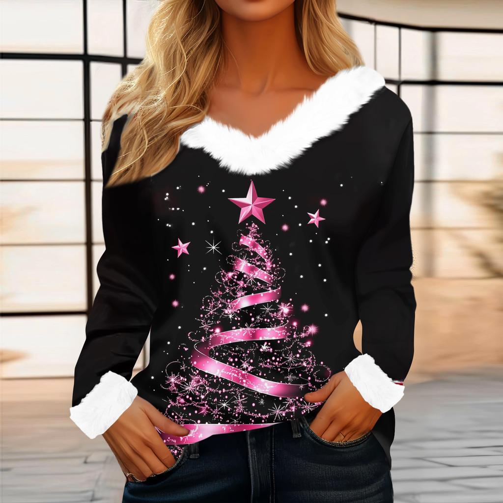 Top casual alla moda da donna a maniche lunghe con stampa natalizia e colletto in flanella