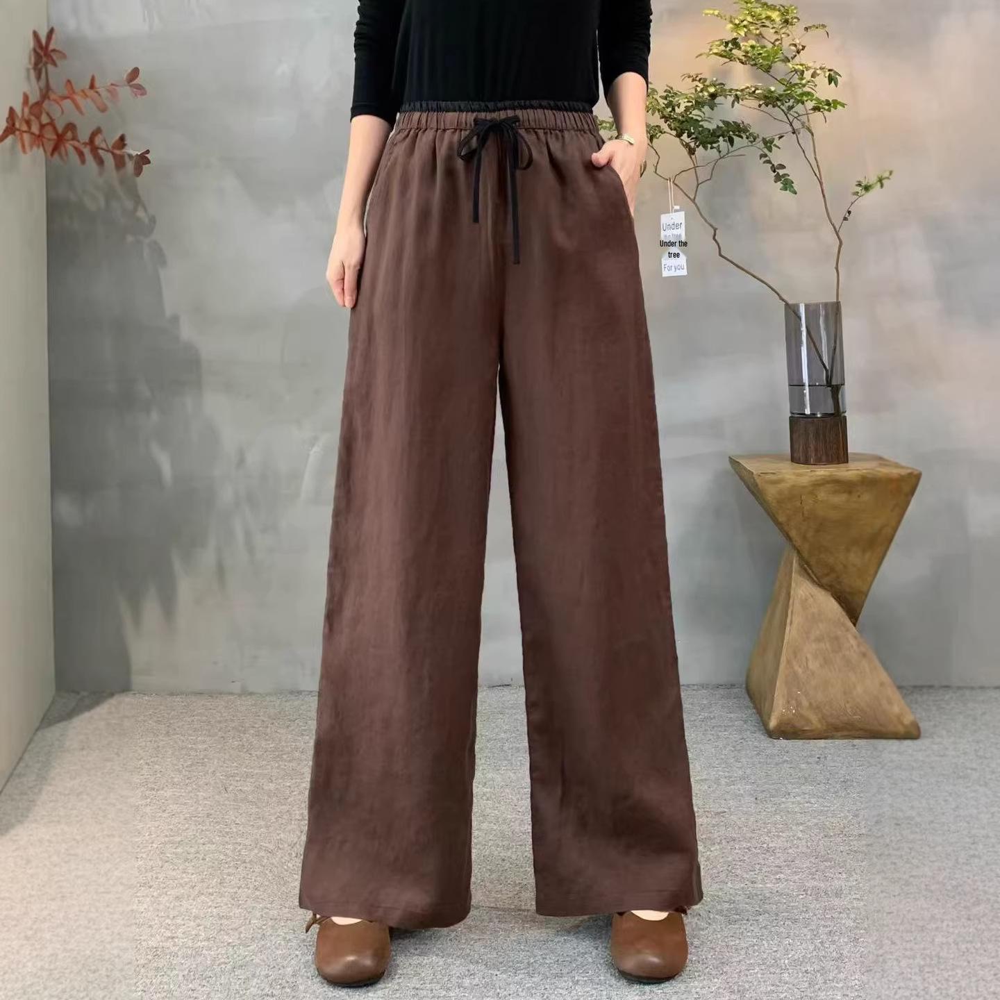 

Spring 2026 Women s Color Block Linen Straight-Leg Pants with Waist Tie and Artistic Pockets One Size кофейный