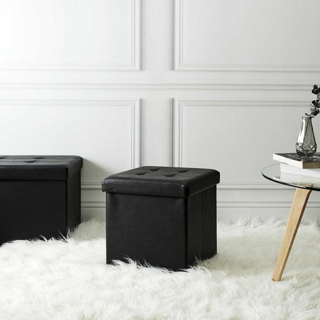 BLACK Vels ECO LEATHER FOLDABLE POUFFE with storage compartment