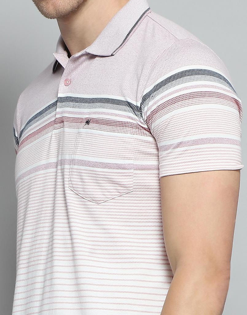 MONTE CARLO Mens Striped Pink Collar Neck Half Sleeve T-Shirt