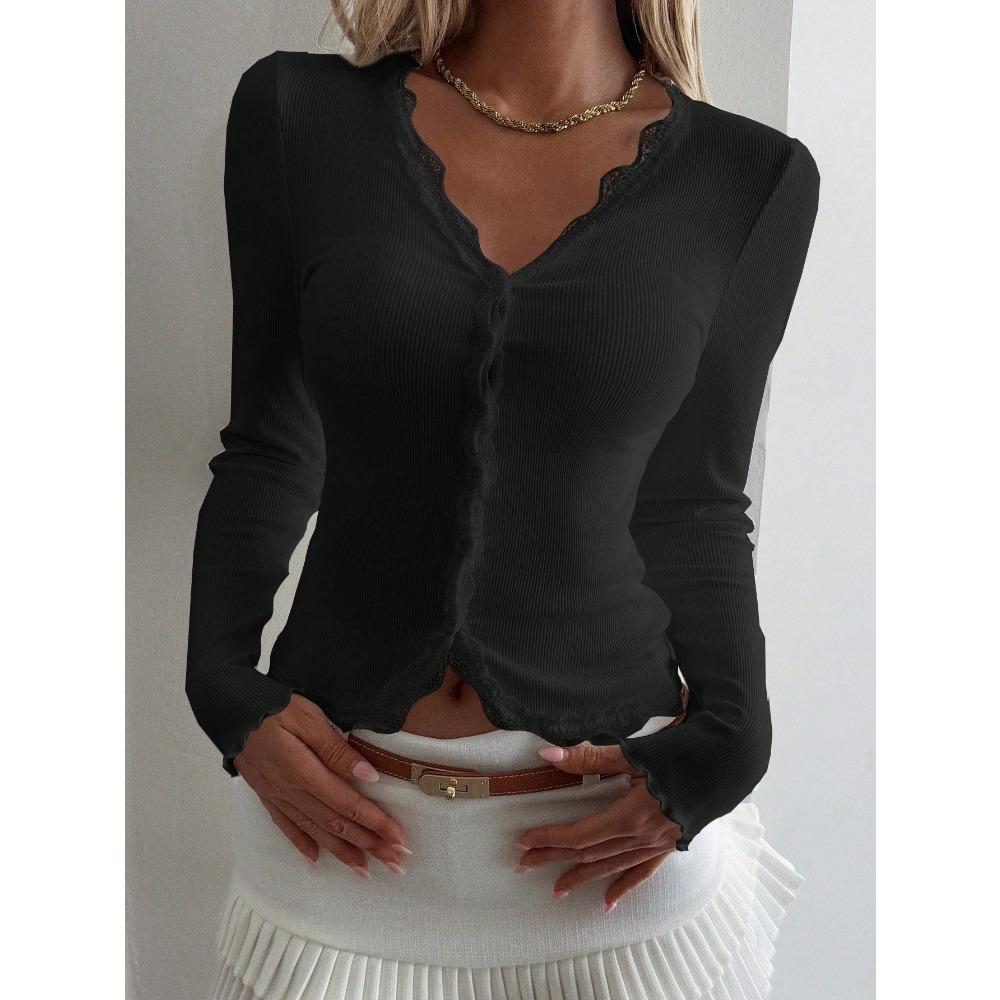 Women V-Neck Lace Patchwork Striped Cardigan Long Sleeve Casual T-Shirt Top