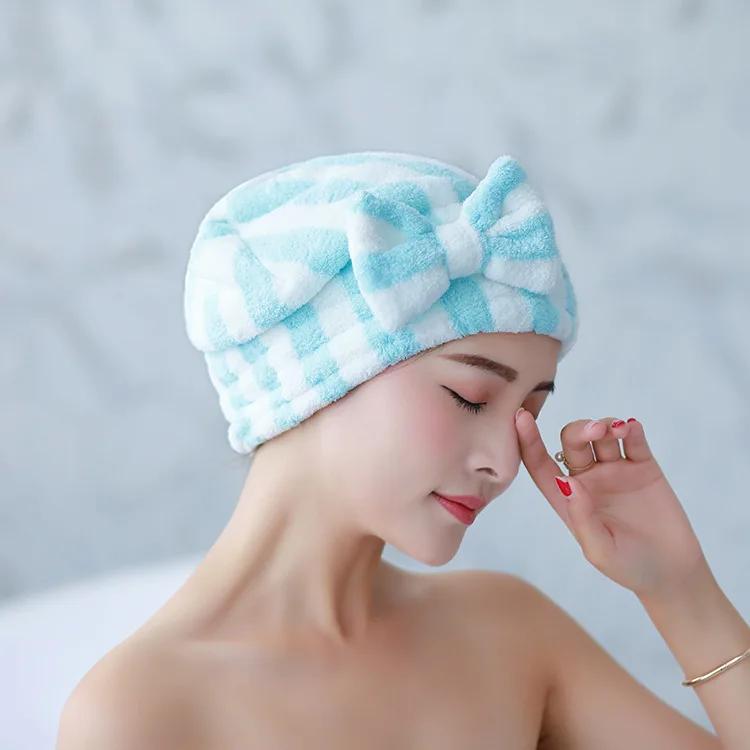 Coral Fleece Cationic Bow Dry Hair Cap, Microfiber Absorption and Quick-drying Striped Shower Cap