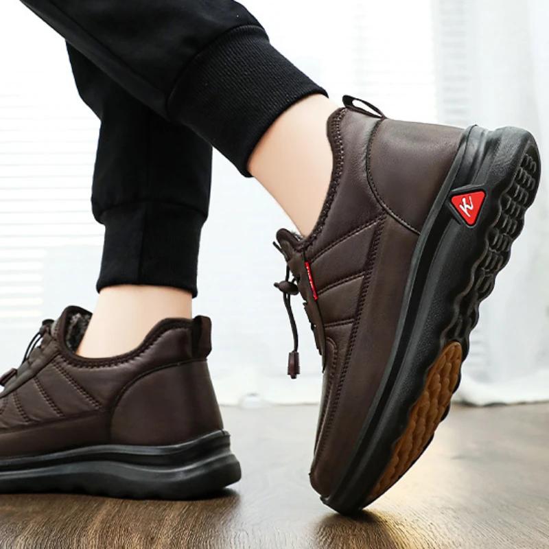 Fashion Winter Leather Men Boots with Fur Mens Bussiness Cotton Boots Casual Warm Snow Boots Non-slip Men Leisure Boots Bota Masculina