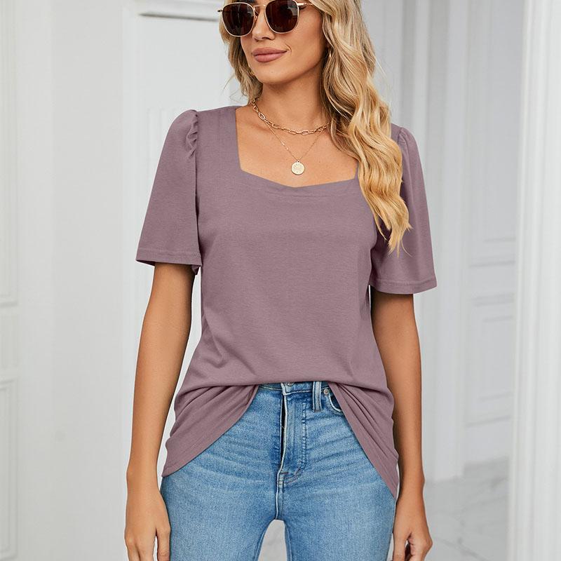 T-shirt d'été à manches courtes et col carré pour femme, couleur unie, ample