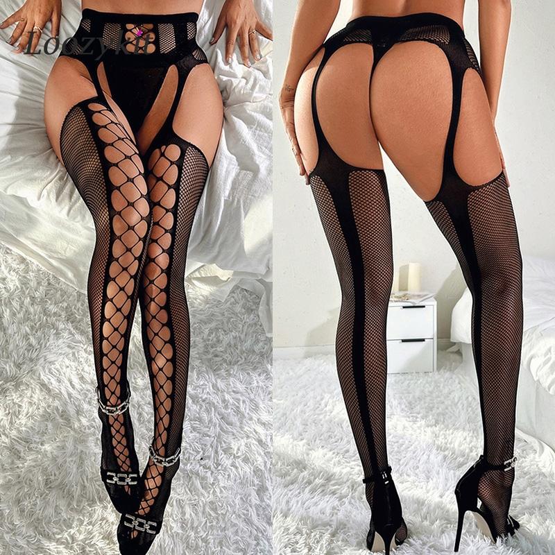 Sexy Fishnet Stockings For Sex Mesh Transparent Underwear Women's Nylon Thigh High Stockings With Garters Open Crotch