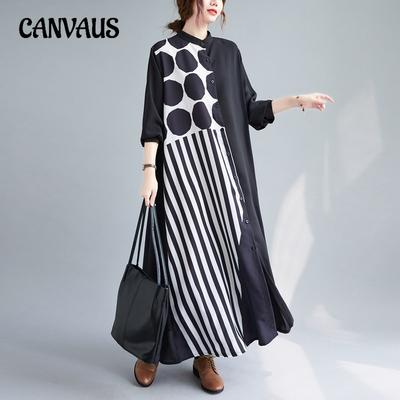 Frühling und Herbst Damen Kleid Mode Spleißen Plus Größe Lose Bequeme Temperament Langes Hemd Lässige Langarm Kleider