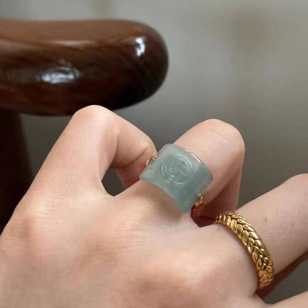 "Qingfu Naji" new Chinese imitation jadeite color blessing ring, high-end sense of national style ring temperament elegant jewelry