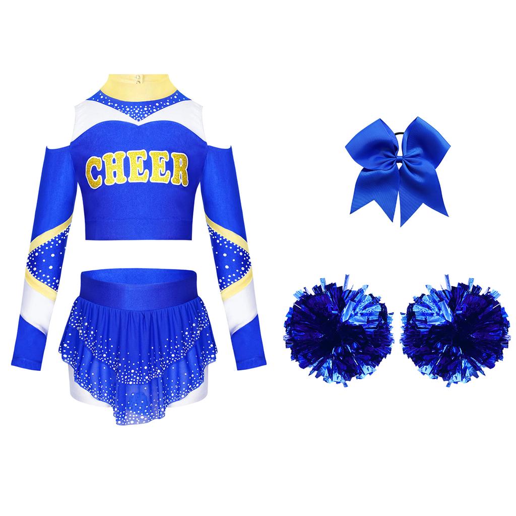 Dívčí cheerleadingová sada Odhalená ramena Dlouhý rukáv Zadní výstřih Klíčová dírka Barevný blok Potisk písmen Zkrácený top Kamínky Sukně Mašle Čelenka Pompony