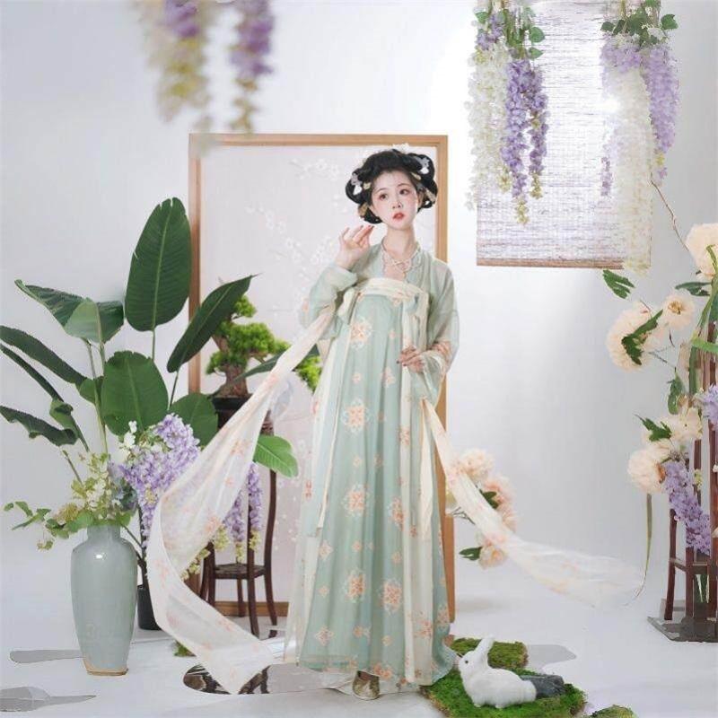 Women's Traditional Chinese Hanfu Set, Tang Dynasty Chest-high Ruqun Floral Printed Daily Wear Ancient Style Full Outfit