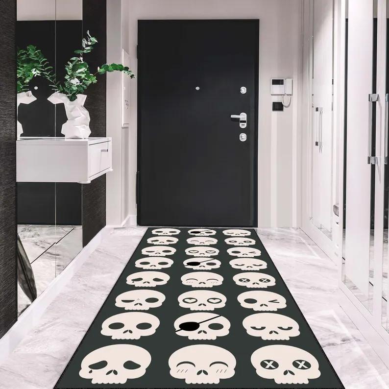 

Gothic Skull Owl Runner Rug Dark Baroque Floral Carpet Black Hallway Rug Occult Gothic Home Decor Creepy Elegant Floor Mat 40X120CM