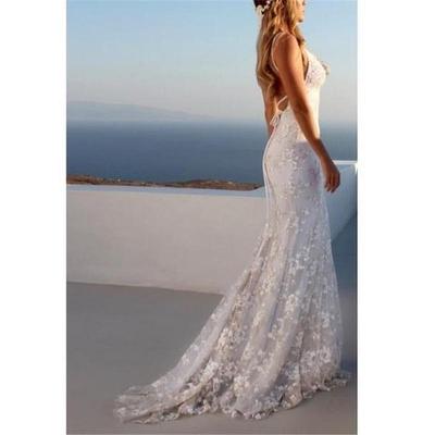 Summer Bridal Wedding Dress Deep V-neck Sleeveless Backless Bandage Sling Lace Dresses