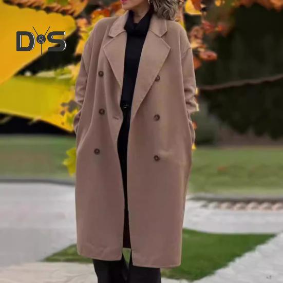 Women's Woolen Coat Autumn Winter Double-breasted Lapel Overcoat Loose-fit Solid Color Warm Long Coat for Office Daily Wear