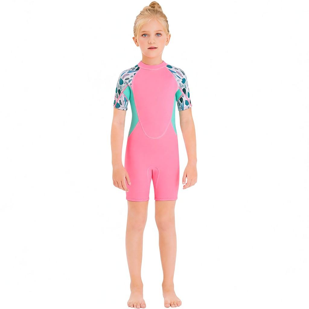 Girls Short Wetsuit One Piece Shorty Diving Swimsuit with Zipper Quick Dry Short Sleeves Surf Suit for Water Sports