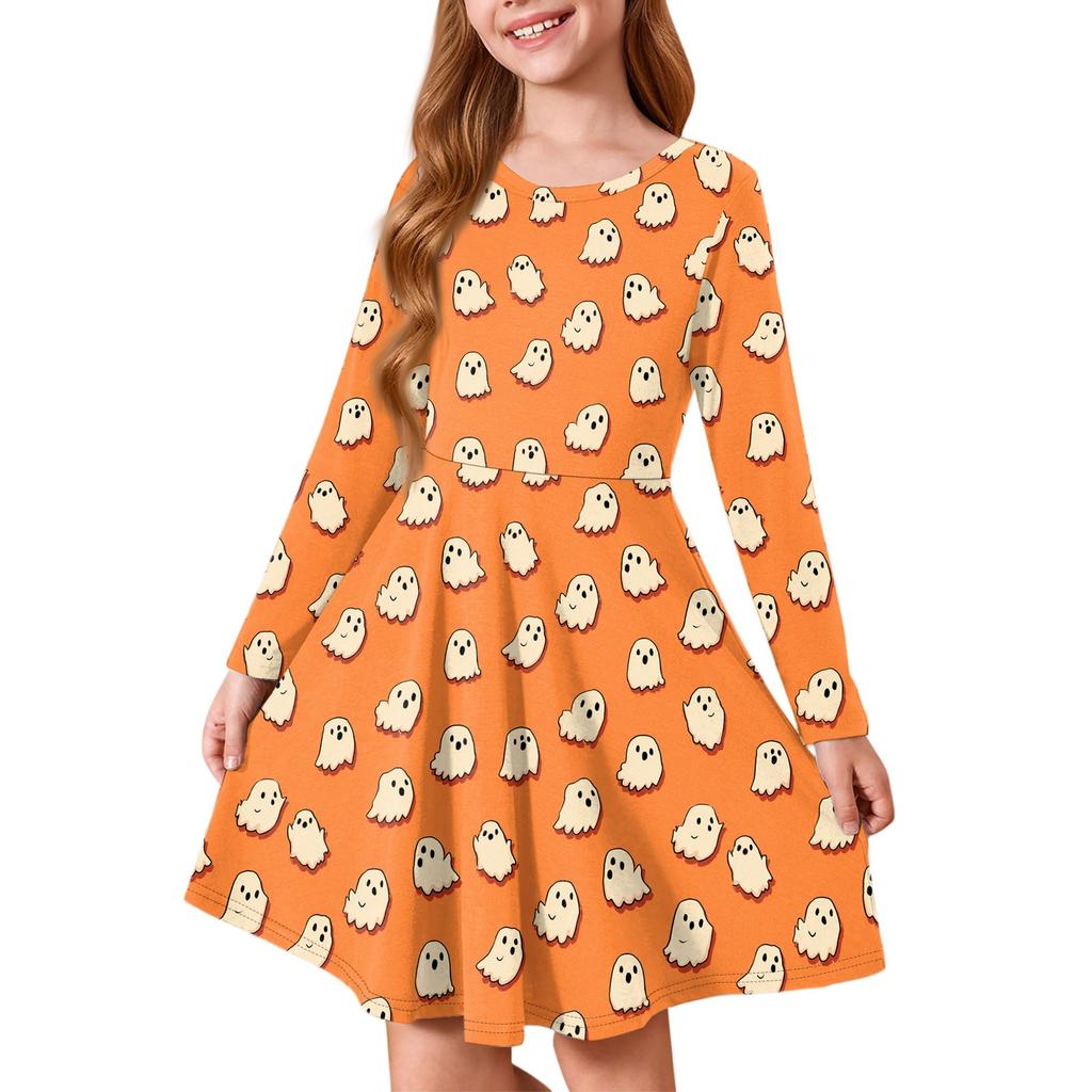 Girls' Summer Princess Dress Halloween Day- Long Sleeve A-Line T-Shirt Dress