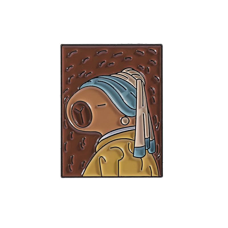

Capybara Starry Sky Oil Painting Enamel Pin Cartoon Hippo With Pearl Earring Scream Hippopotamus Brooch Lapel Badge Jewelry Gift
