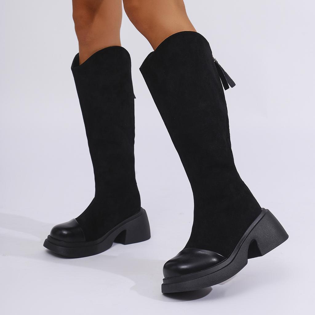 Móda Boty nad koleno na silné platformě pro ženy Podzimní móda Hrubé podpatky Dámské dlouhé boty Semišové Patchworkové Platformové Botas De Mujer 2024