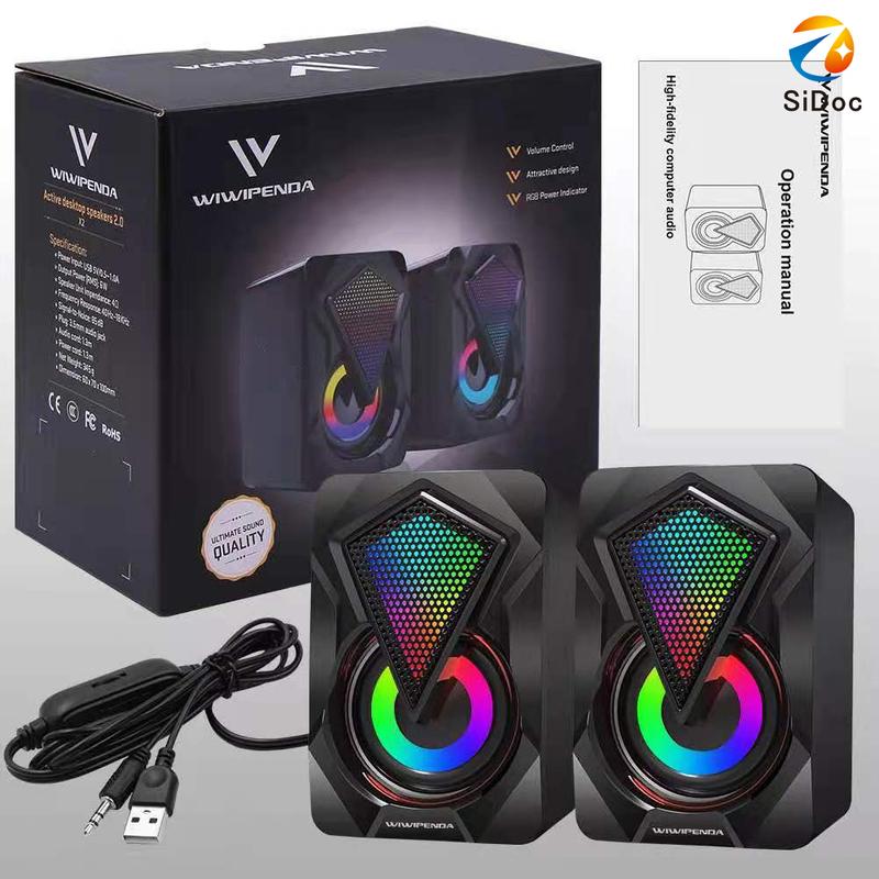 Computer Speaker with Colorful RGB Lights USB Powered 3.5mm Aux- in Mini Crystal Sound Speakers for Desktop Laptop Monitor Black