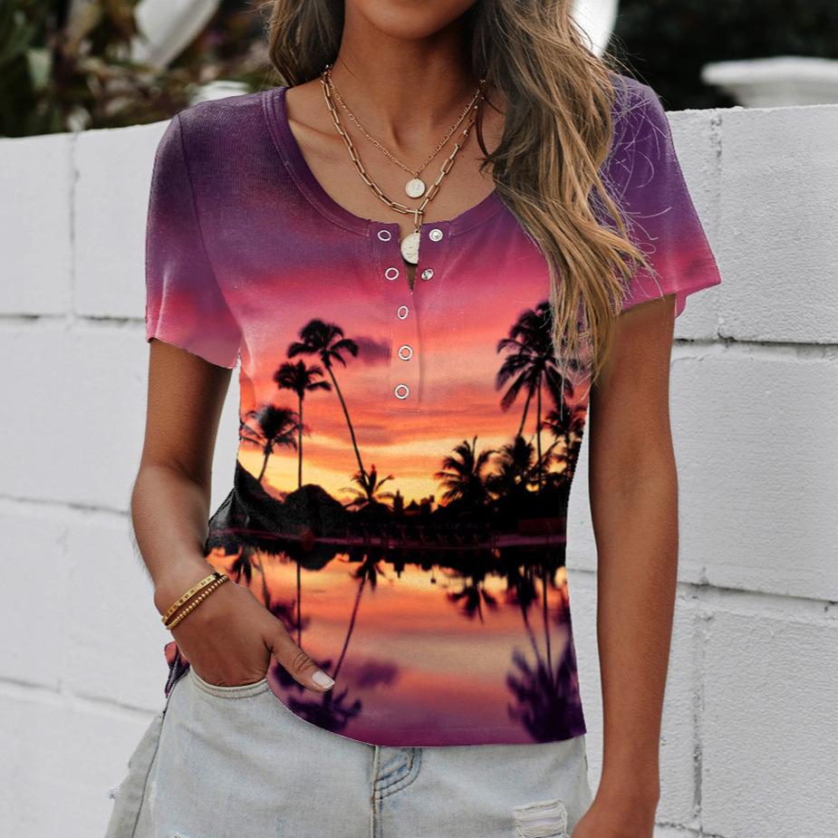 3D Digital Printed Plant Flower Series Summer T-shirt Short Sleeved Round Neck Top