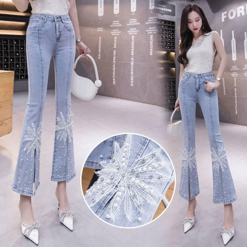 

Women s Korean-Style High-Waisted Flared Split Hem Jeans, Spring New Arrival, Elastic Slim Fit, Beaded, Cropped. L 105-115 cm