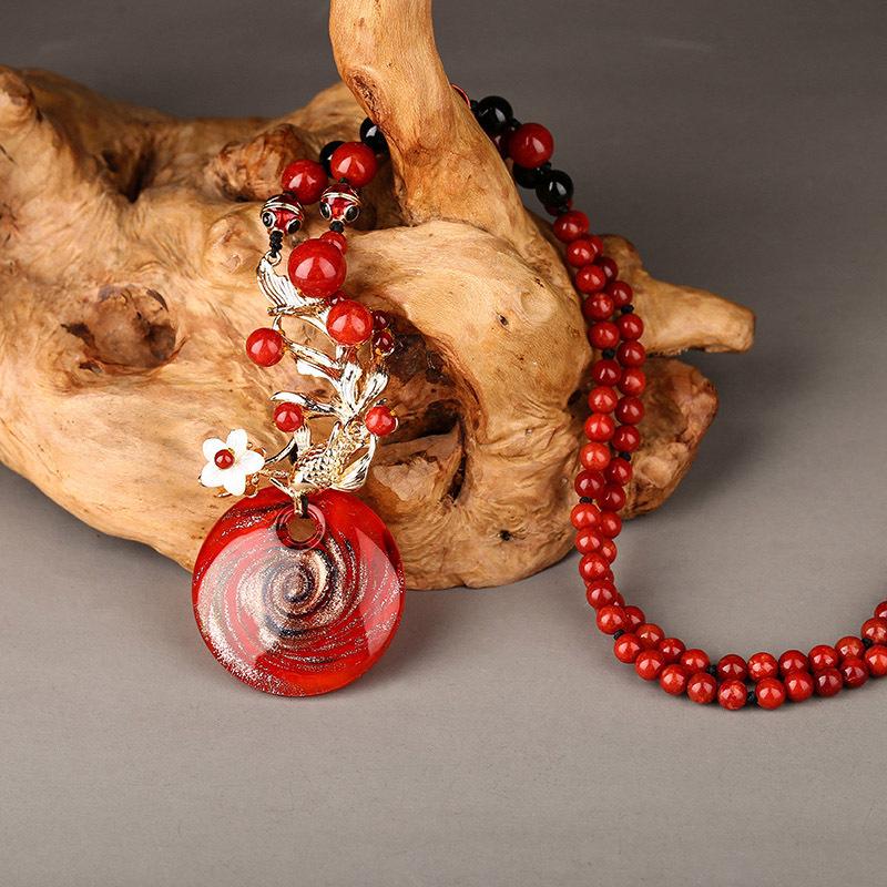 GEMCHIC Women's Vintage Red Glass Fish Pendant Necklace Long Sweater Chain Ethnic Style Jewelry Gift