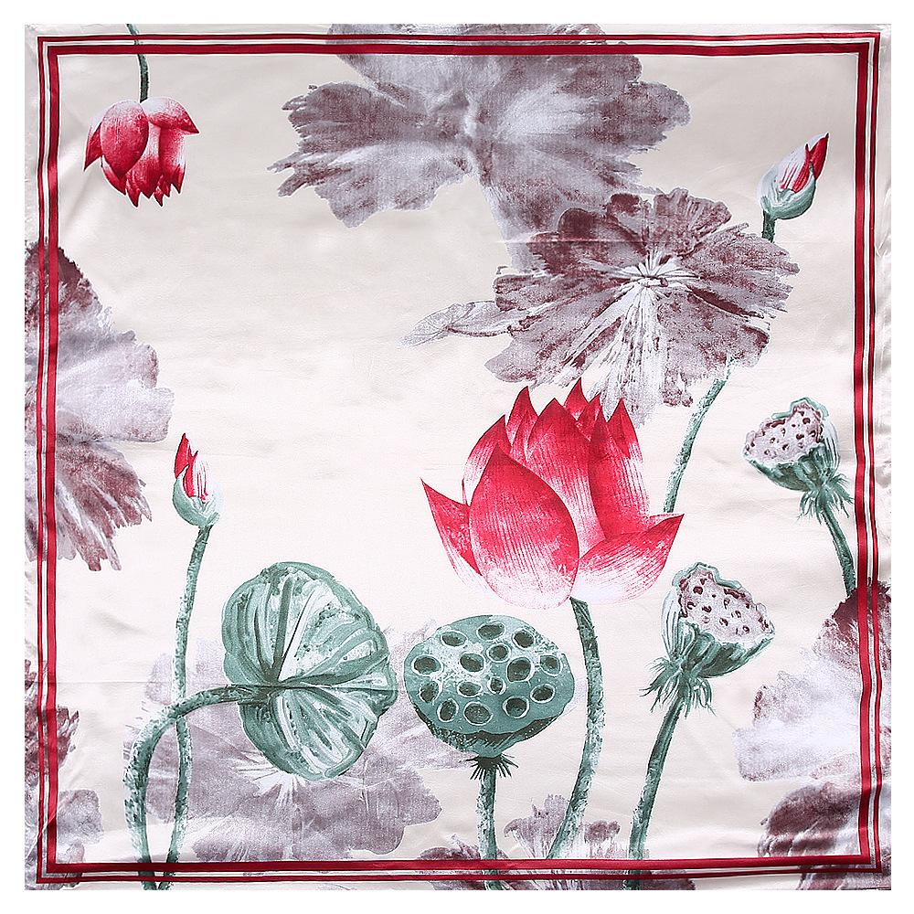 

90cm Retro Chinese Style Lotus and Leaf Ladies Imitation Silk Square Scarf Hijabs For Women 90x90cm