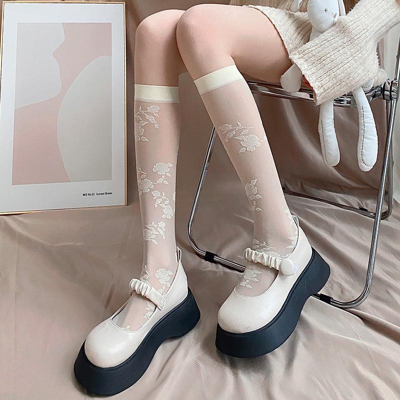 Night Teaching Room Rose Stockings Women'S Spring And Autumn Short Medium Tube White Lace Calf Socks Pure Desire White Silk Tide Socks