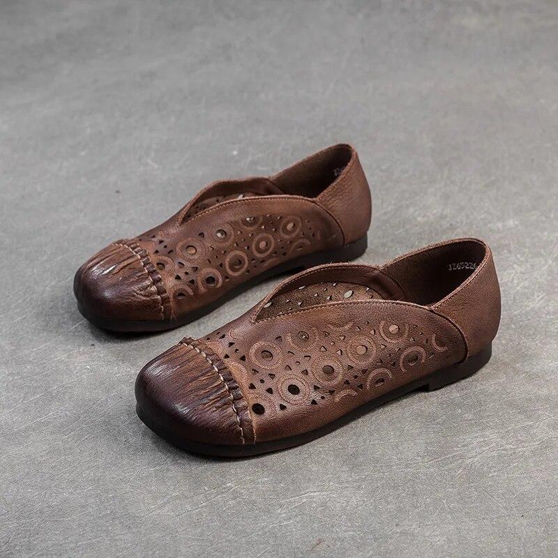Johnature Retro-Echtleder, ausgehöhlt, atmungsaktiv, flache Schuhe, runde Zehen, lässige Damen-Slip-on-Schuhe