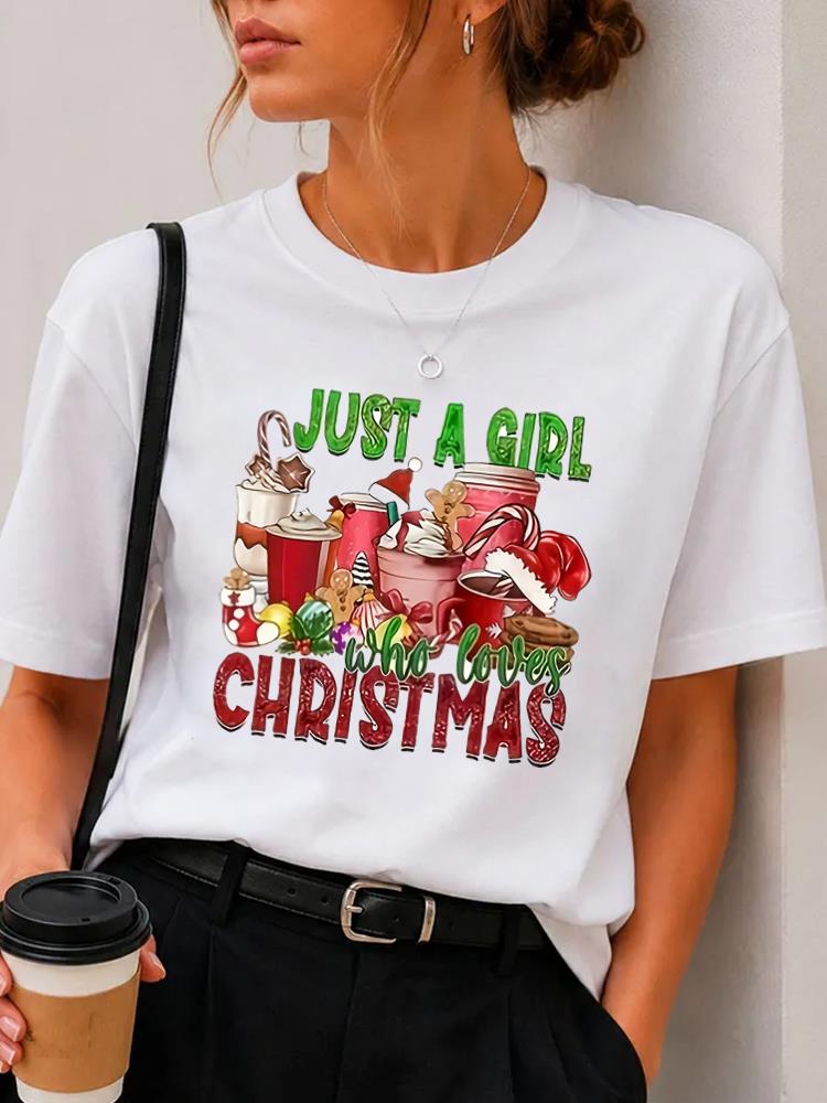 (Asian Size) plaid letter Merry Christmas Fashion Short Sleeve T-shirts Women's Top O-neck T Shirt Print Casual New Year Clothing Graphic Tee