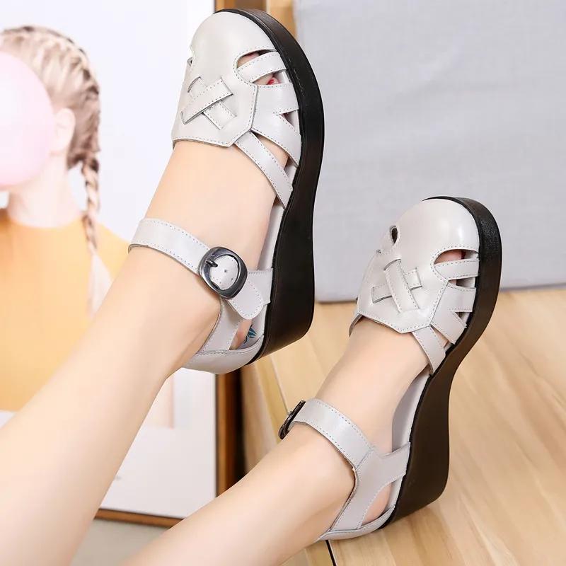Fashion GKTINOO Summer Wedge Shoes for Women Sandals Genuine Leather Open Toe High Heel Casual Ladies Buckle Strap Fashion Female Sandal