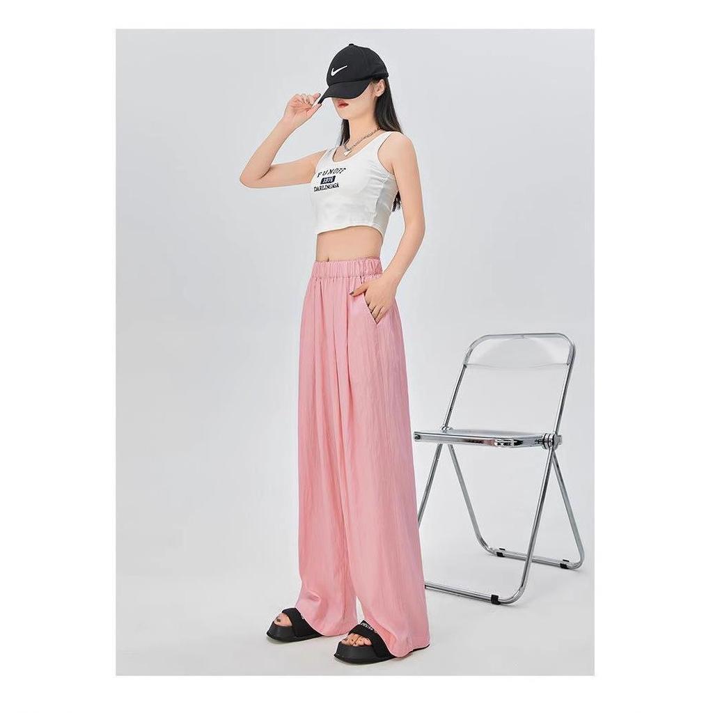 Women's Pink Quick-Dry Nine-Point Loose Ice Silk Pants - Summer Sun Protection, Petite Fit