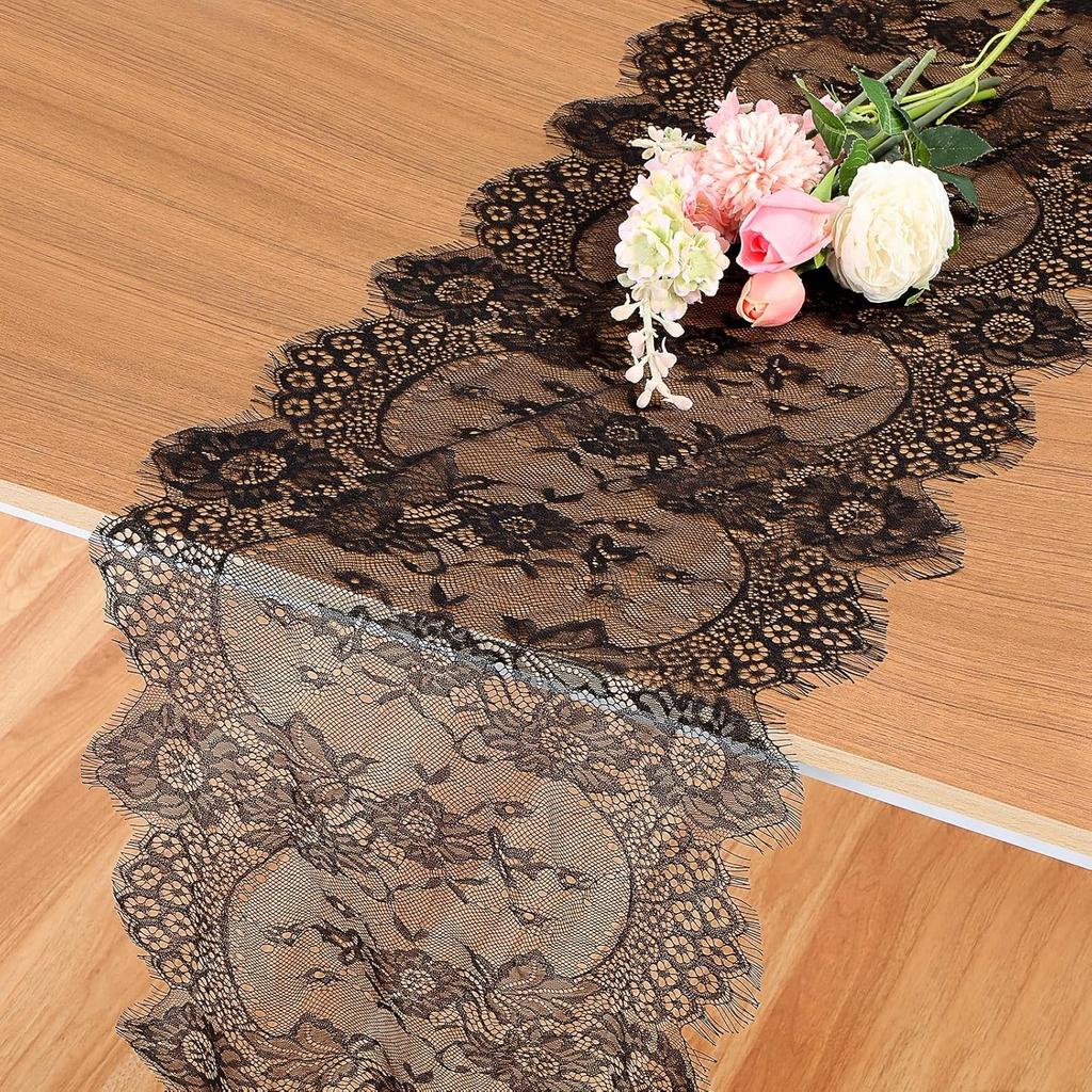 Black Lace Table Runner, 14x118 Inch Vintage Lace Table Cloth, Embroidered Boho Tables Runner for Rustic Wedding Tables Decorations, Bridal Shower,