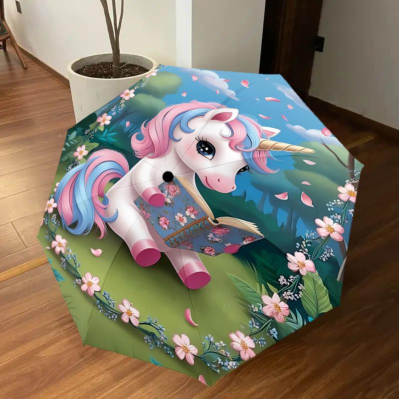 1PC unicorn, flowers Automatic Open/Close Umbrella with Windproof, 8-Rib Sturdy Canopy, Durable Ribs, Fashionable Design, Outdoor Accessory, Fun Prin,