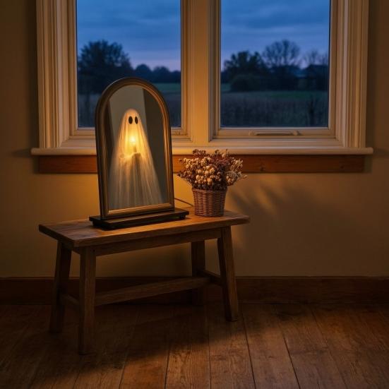 Indoor Halloween Ornament Light Up Ghost Mirror, Holding Candle on Spooky Gothic Interior Accents Decorations for Wall Table Mantel Room Home