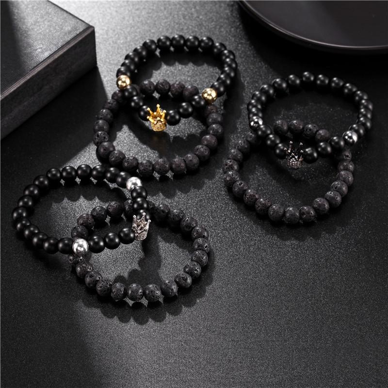 Accessories 8mm black matte lava stone micro-inlaid zircon crown two-piece set bracelet bracelet men