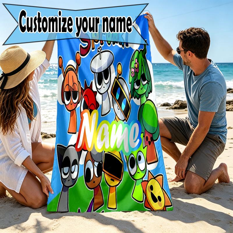Custom Name Personalized Sprunki Game Print Beach Towel, for Trip Camping Beach Party Home Decor, Birthday Gift for Family & Friends