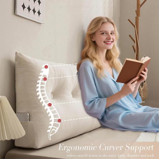 Headboard Backrest Wedge Triangle Pillow With Side Pocket Removable Cover Headboard Wedge