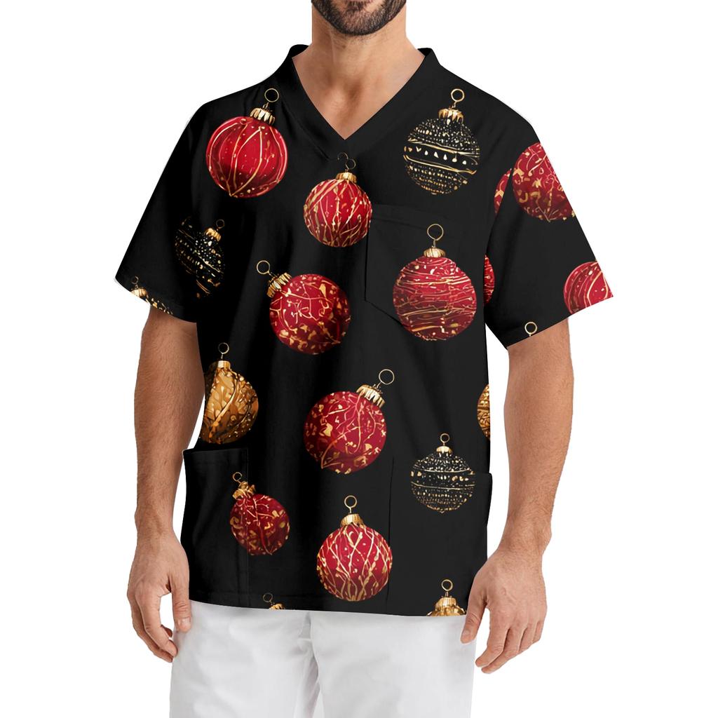 Men's Printing Short Sleeve V-neck Working Blouse Chest Pocket Carer Top
