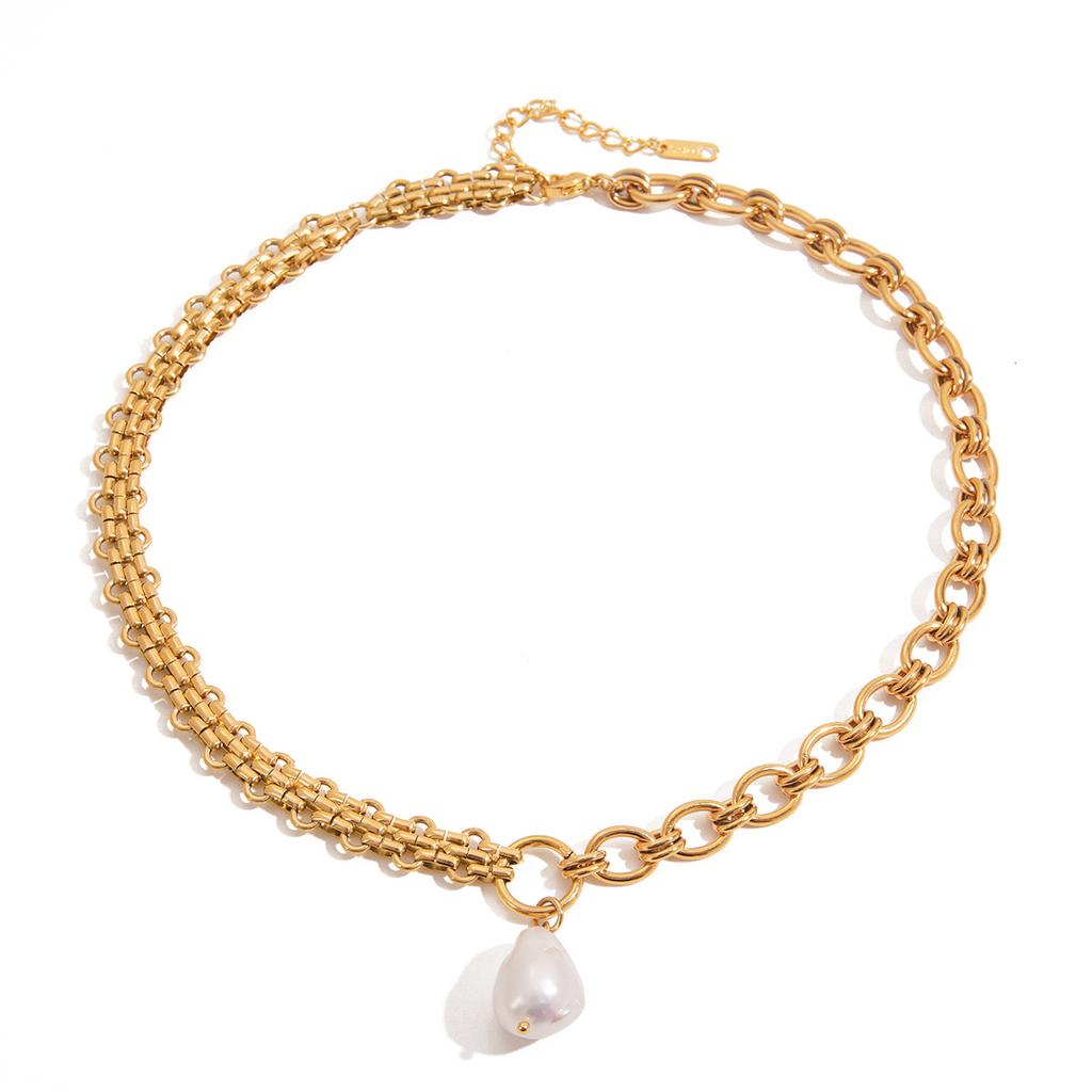 Modern 18K Gold Plated Stainless Steel Freshwater Pearl Pendant with Link Chain Tassel Linear Asymmetric Necklace for Women