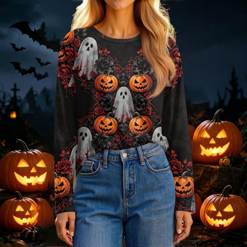 Women's Fashion Casual Long Sleeve Halloween Print Crewneck Top