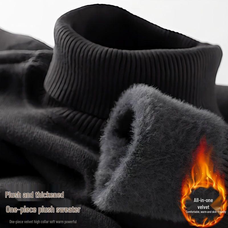 Pulover Tricotat pentru Bărbați, Mărimi Mari, cu Gât Înalt și Catifea Interioară - Îngroșat, Călduros, Casual, Strat de Bază pentru Iarnă