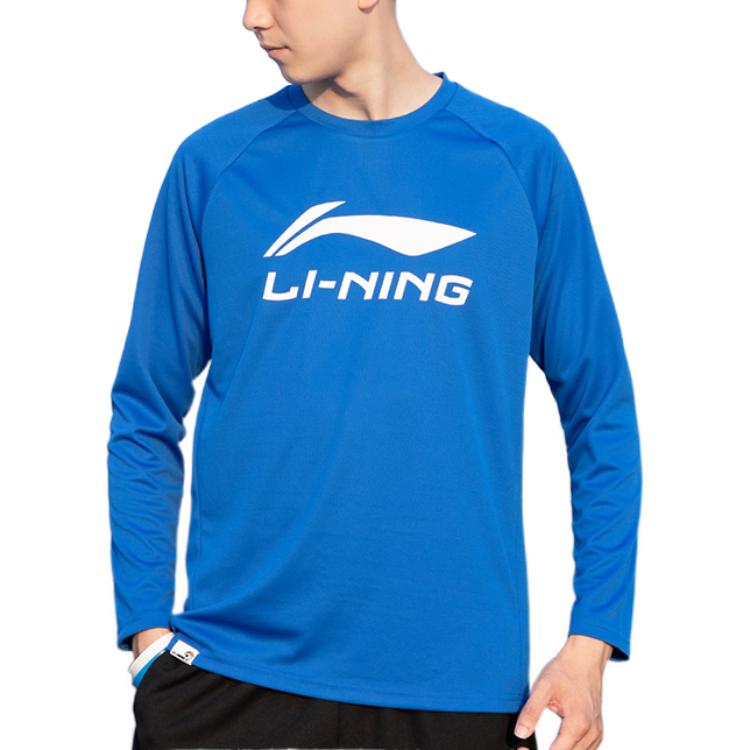 Li Ning Badminton Series Letter Big Logo Printed Sports Round Neck Long Sleeve T-Shirt Men Tops Crystal-Blue ATLR071-4