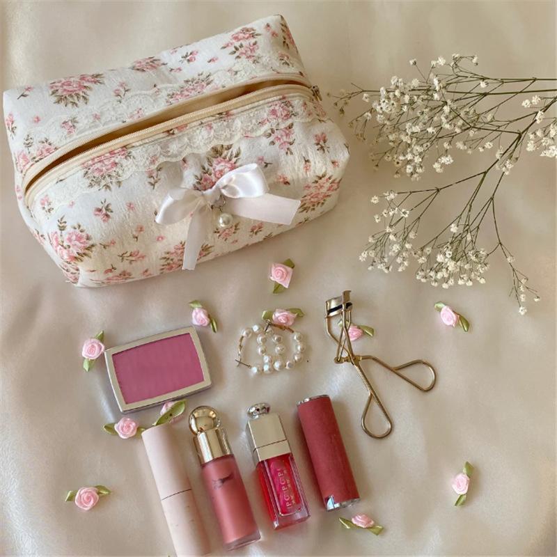 Cute Sweet Lace Bow Cosmetic Bag Large Capacity Makeup Organizer Women Travel Toiletry Bag Zipper Pencil Case Storage Bags