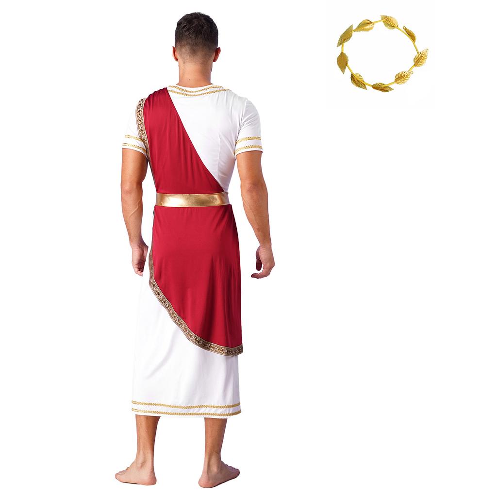 Mens Ancient Greek Toga Costume Short Sleeve Retro Gold Trim Roman Robe Headband Cosplay