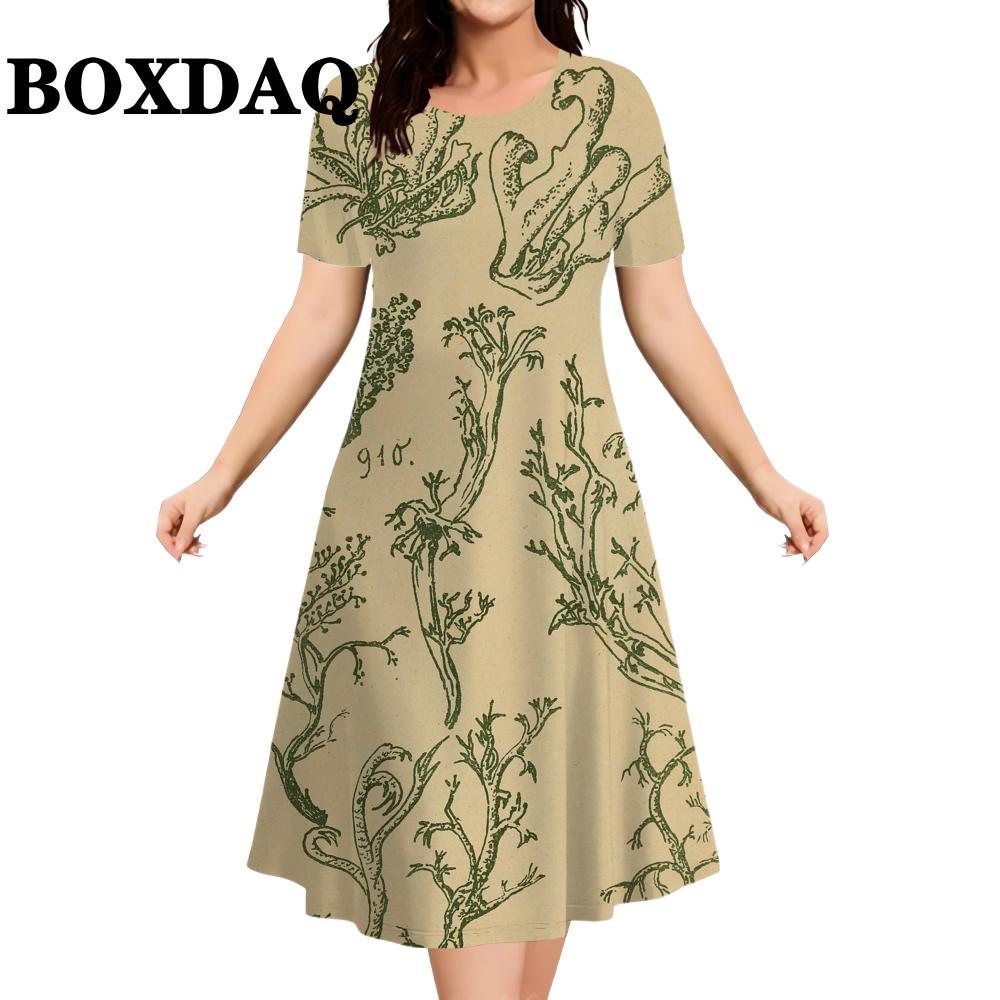 

3D Flower Print Women s Dresses For Vintage 2026 Summer Retrp Short Sleeve Loose Clothing Casual O-Neck Ladies Plus Size Dresses S