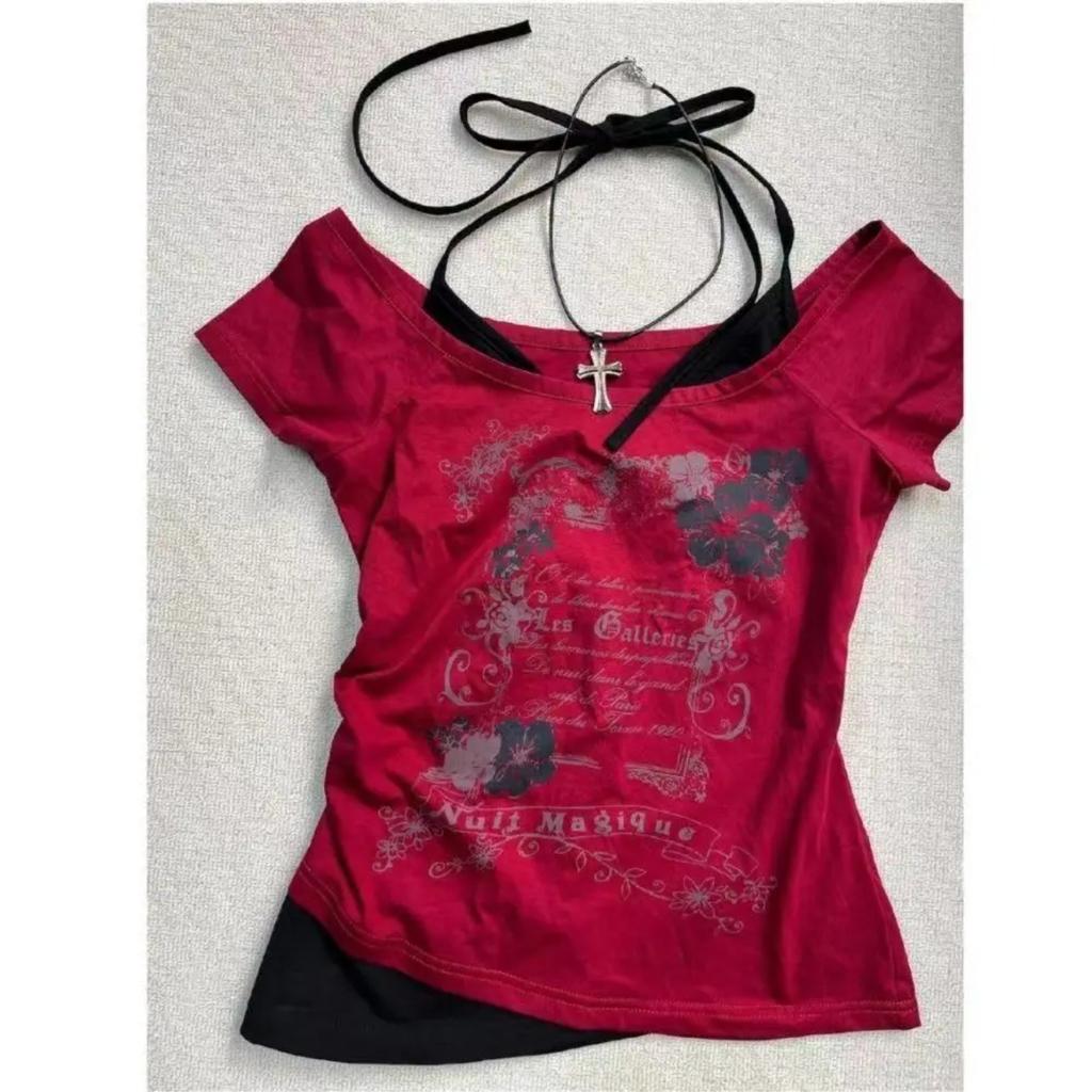 TrendHub American Vintage T Shirts Retro Grunge Letter Flower Print Crop Tops Y2k Summer T Shirts Fashion Streetwear Halter Harajuku Tees