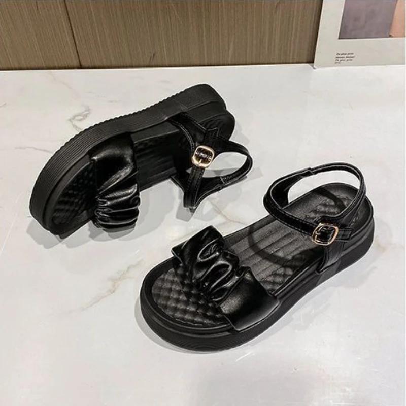 

New Internet Famous Sandals for Women s Thick Soled Casual Daily Life Roman Shoes for Female Students Fairy Style Beach Flat 40 чорний