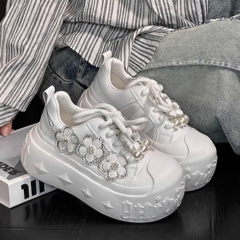 

Туфли на платформе-маффине с крупной головой, украшенные стразами, уродливо-милые, женские, сетчатые, дышащие, с небольшой высотой подъема, повседневные 40 белый