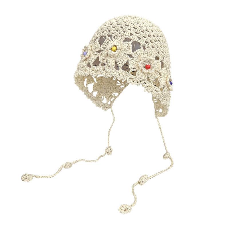 1Pcs Fashion Hand Woven Hollow Bowhead Hat Women's Hook Flower Ethnic Wind Su Ear Strap Pullover Mountaineering Scarf