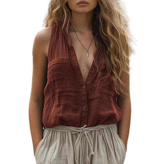 

Женская летняя рубашка с воротником-стойкой и V-образным вырезом, без рукавов, с пуговицами, с планкой, однотонная повседневная рубашка S кофейный