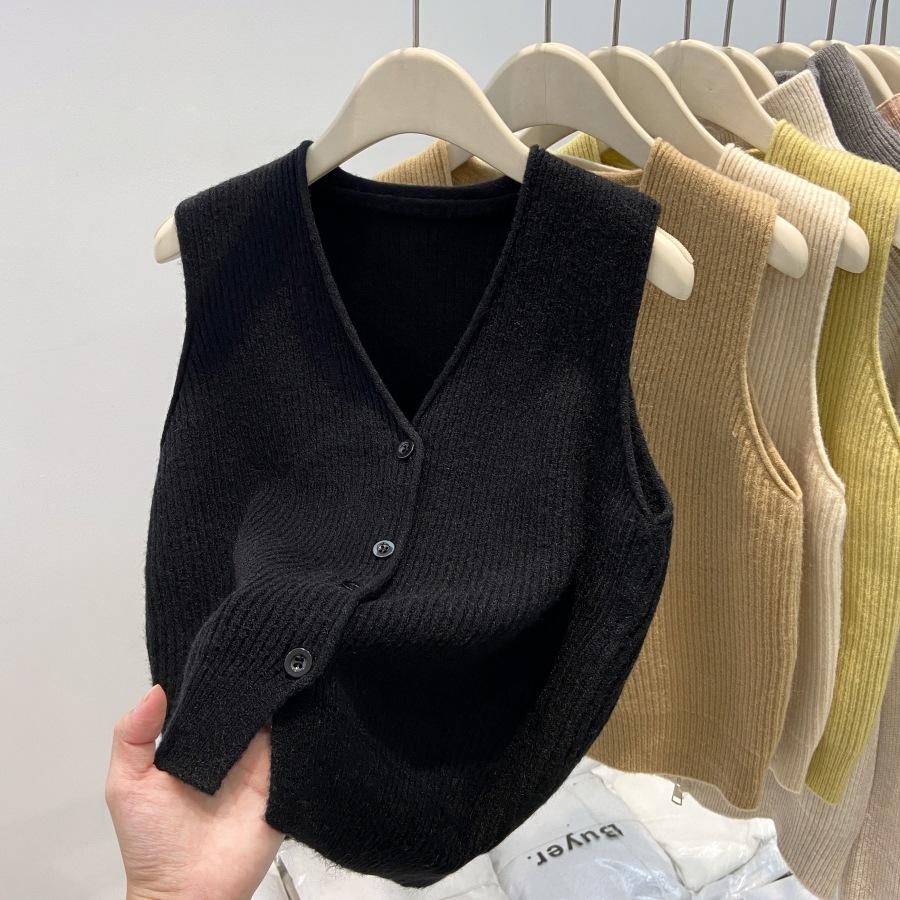 Vintage V-neck Knitted Cardigan, Vest, Vest, Spring High-end Sense Overlay, Sleeveless Top for Women